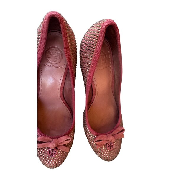 Tory Burch Phoenix Charm Logo Pumps Size 6.5 Pave Crystal Conceria Cameo Shoes - Picture 8 of 14